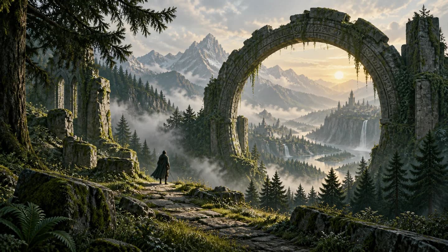 Un mundo de fantasía iluminado, entre montañas y arquitectura monumental