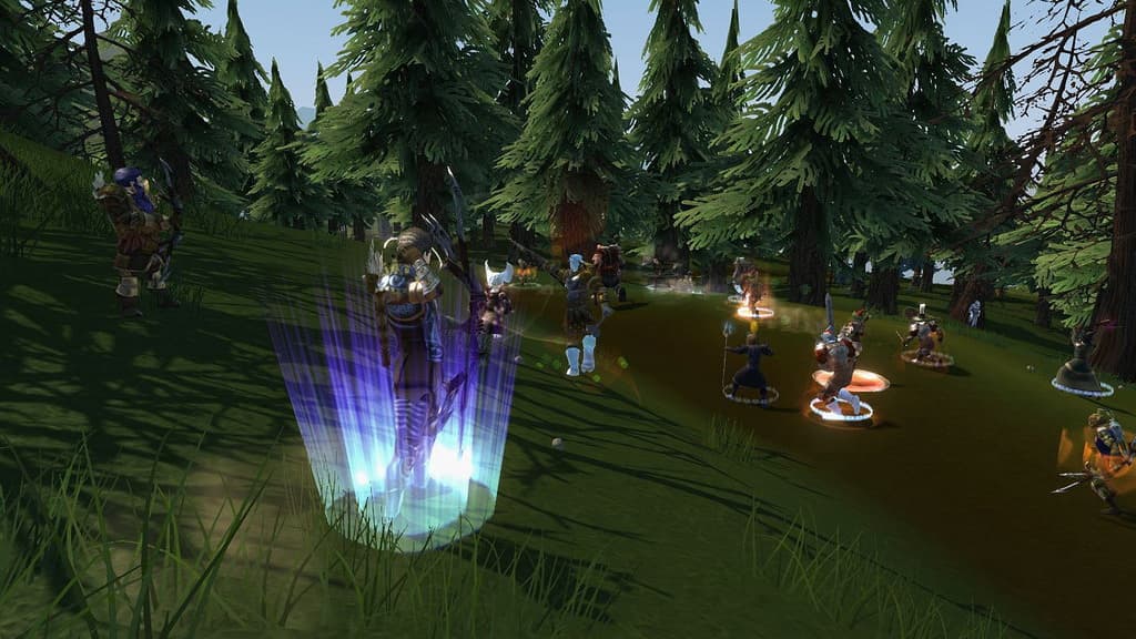 Un grupo de personajes de Regnum Online avanza por un bosque entre efectos de magia