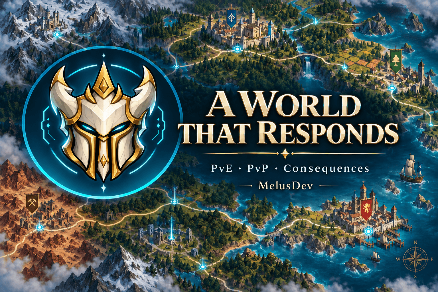 MelusDev: a world that responds, illustrated with an MMO map