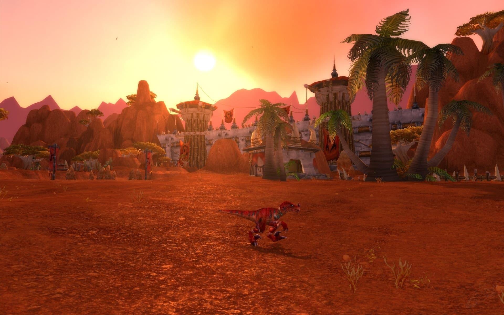 Durotar al atardecer, con Orgrimmar al fondo